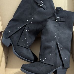 Sugar Black Heeled Boots with Stud Accents